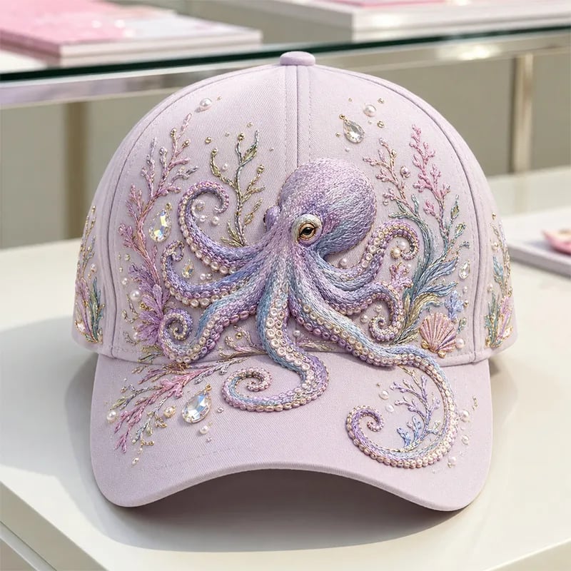 🌊 3D Ocean Creatures Embroidery Cap | Pearl & Crystal Adjustable Hat for Beach, Travel & Everyday Wear