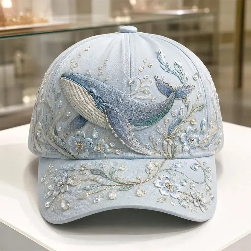 🌊 3D Ocean Creatures Embroidery Cap | Pearl & Crystal Adjustable Hat for Beach, Travel & Everyday Wear