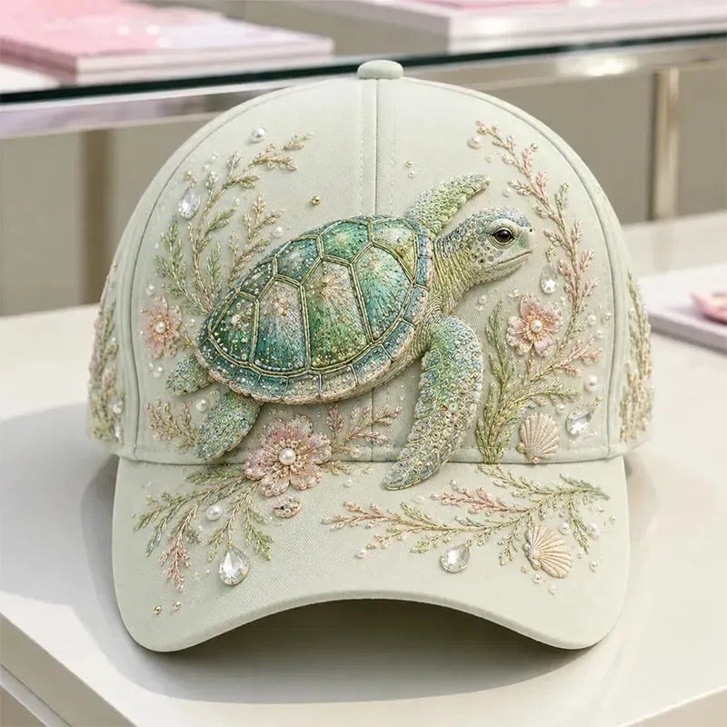 🌊 3D Ocean Creatures Embroidery Cap | Pearl & Crystal Adjustable Hat for Beach, Travel & Everyday Wear